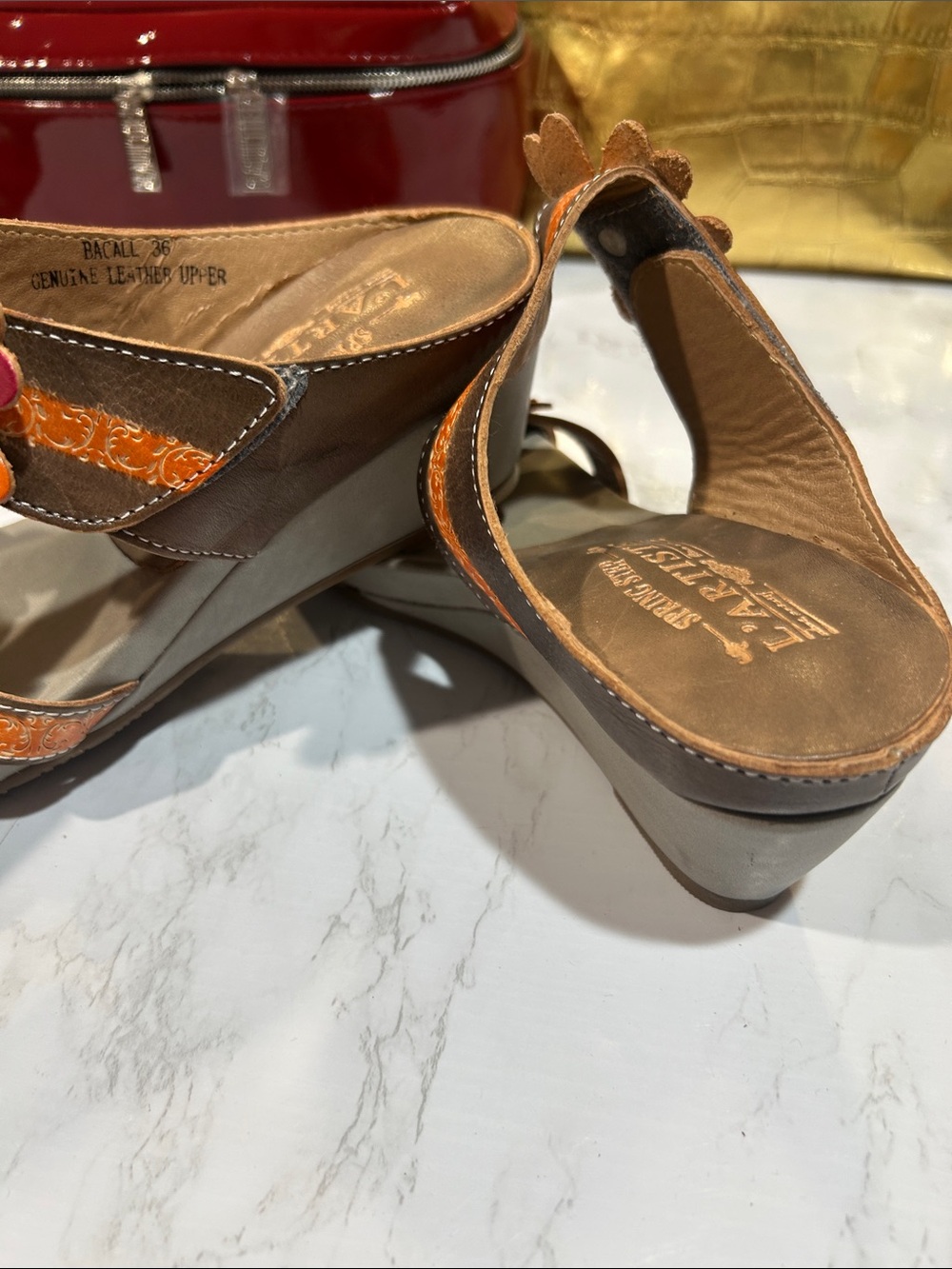 L' artiste Spring Step Brown Slide Sandals with Orange and Pink Floral Accents - Picture 4 of 10